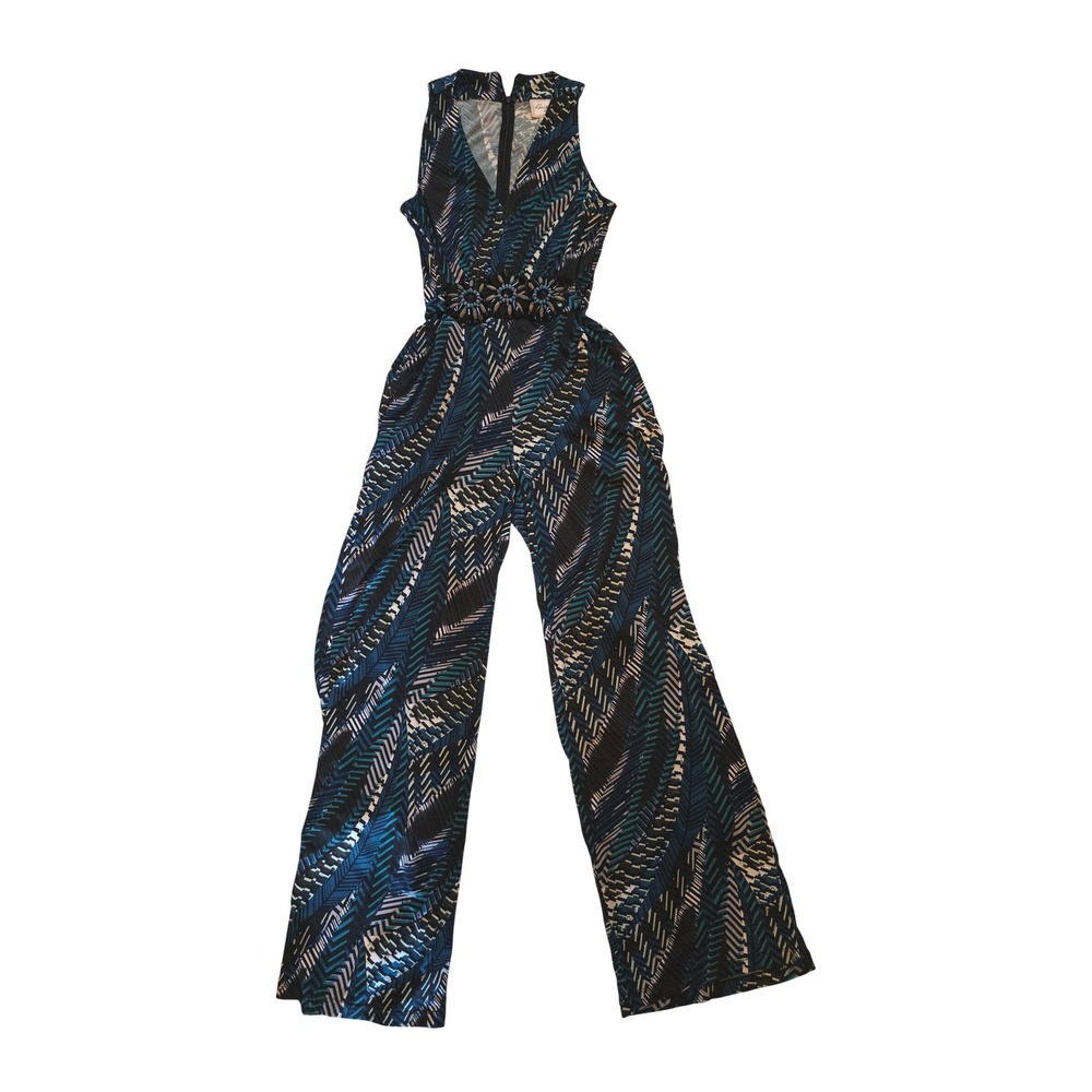 Geometric Jumpsuit Beaded Waist Chevron Wide Leg Size‎ 4 Teal Blue Boho